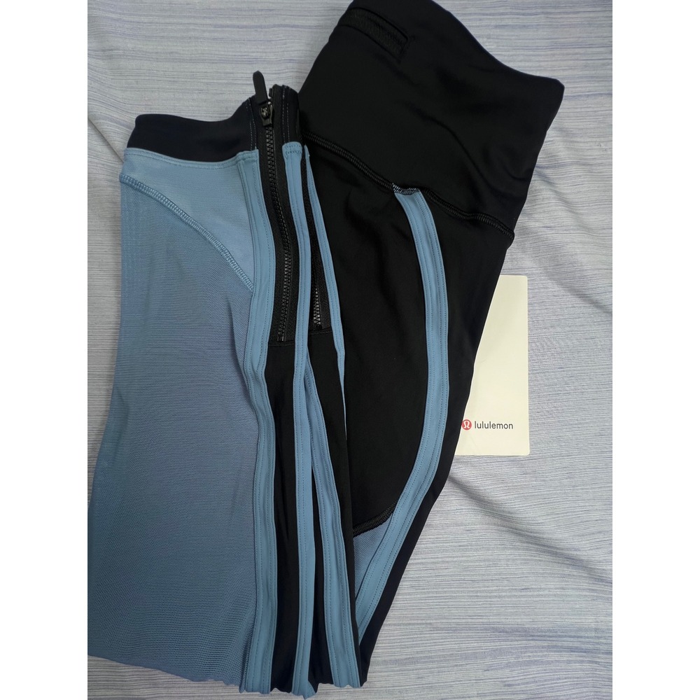 Lululemon Zip the Line Crop 23 Leggings Black Utility Blue Mesh Size 8 NEW